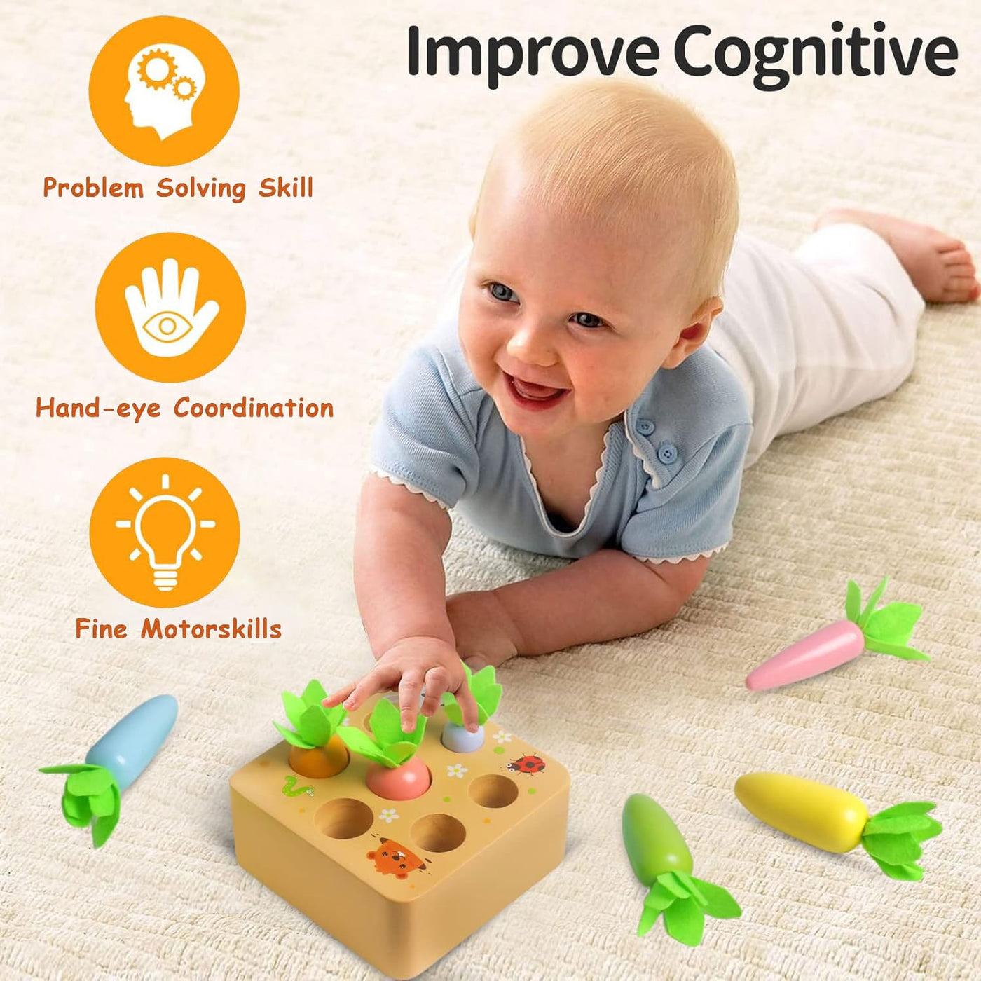 Wooden toys ,Baby motor activity toys,Sorting game wooden puzzle carrot harvesting, sorting game wooden puzzle