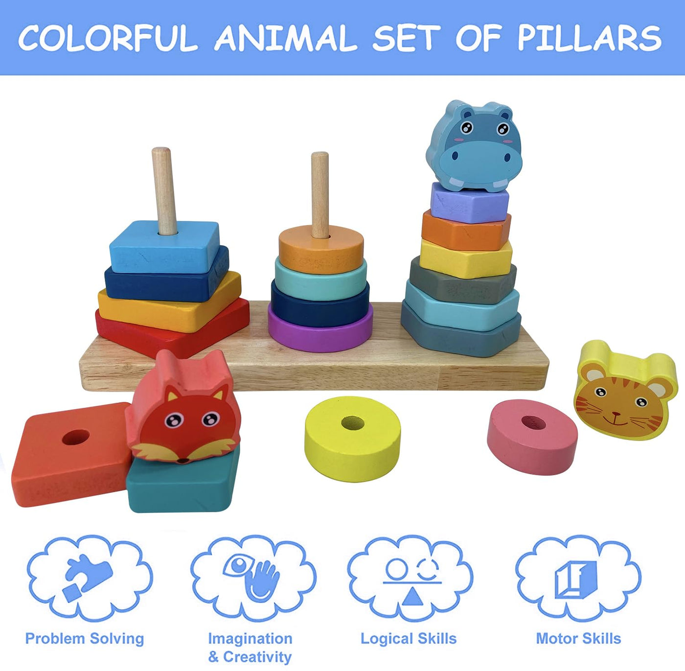 Three-column tower Wooden shape Sorting toy Educational sensory matching building blocks