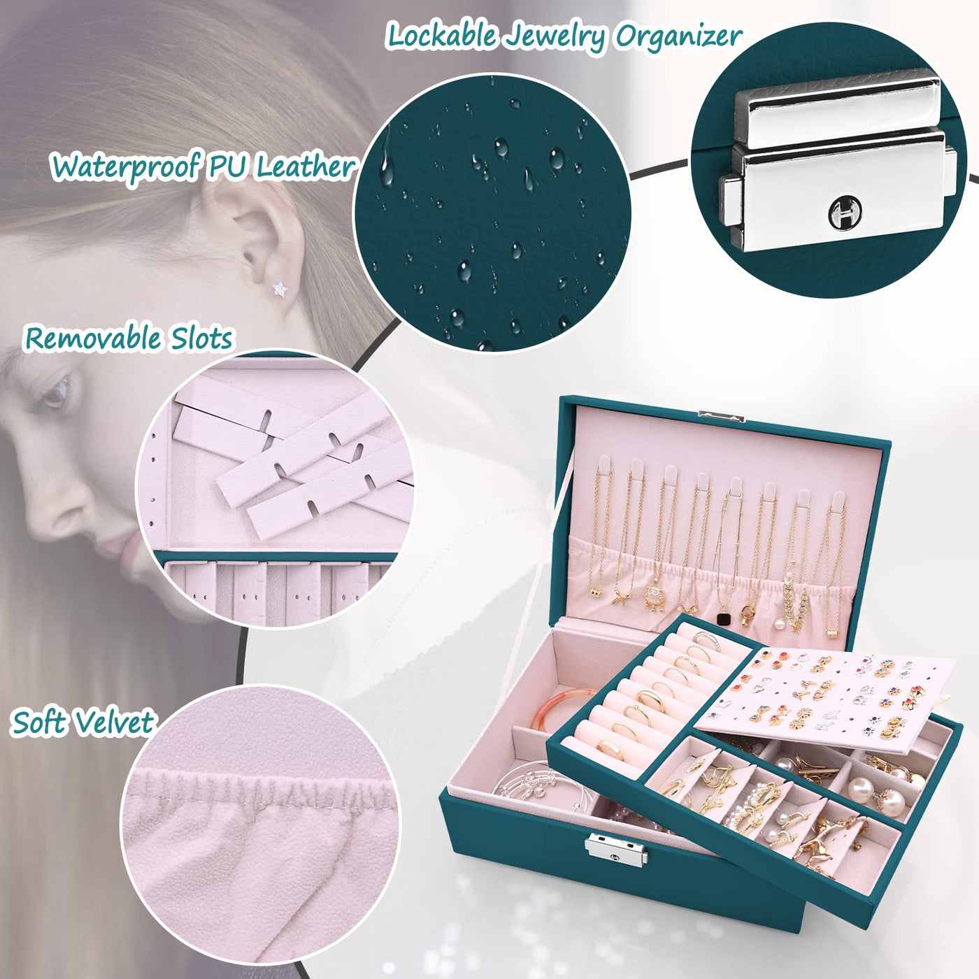 Jewelry box 2 layers pu-leather jewelry storage Portable lockable travel jewelry box