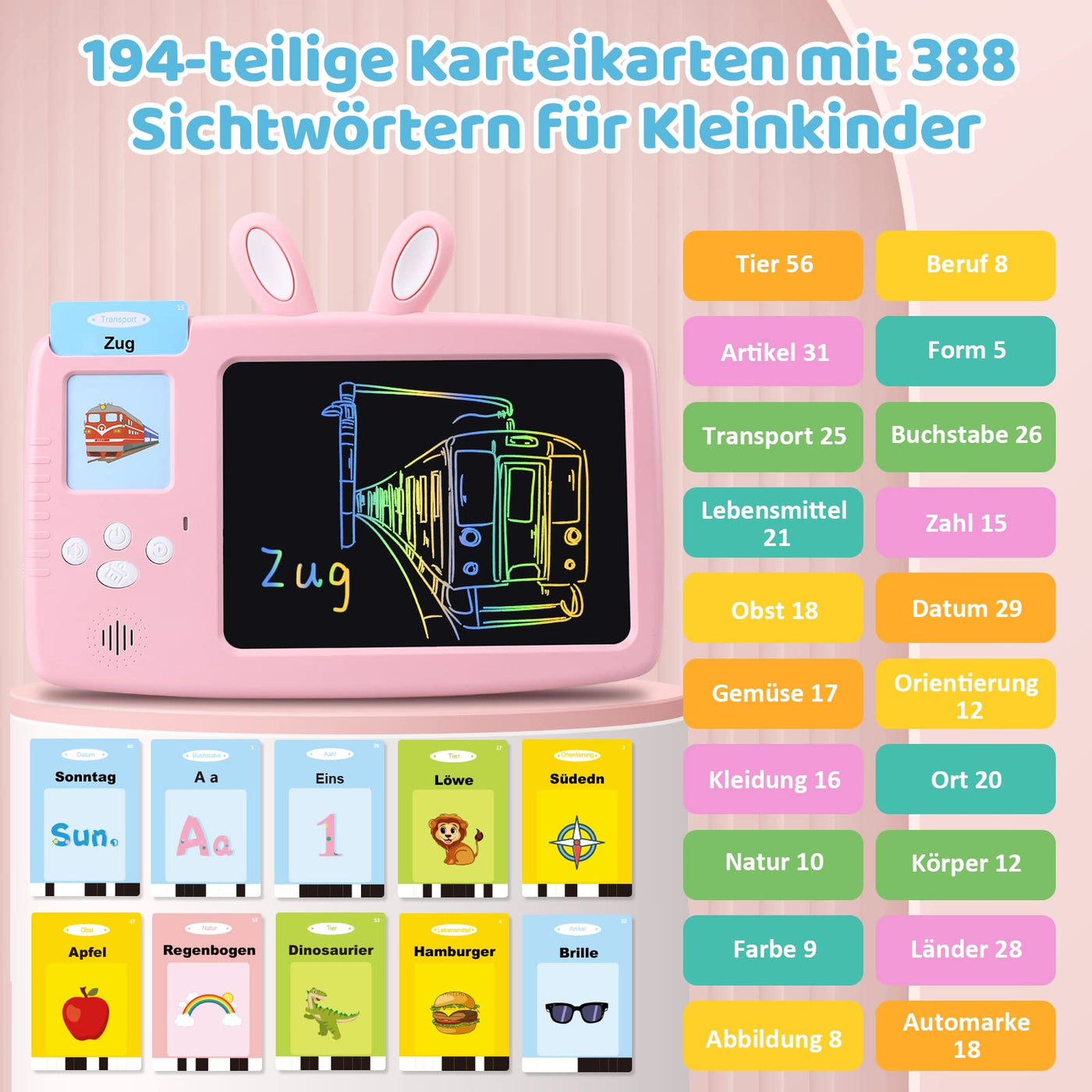 German learning educational toy for children, Talking flash cards LCD writing tablet 388 words, reading & writing