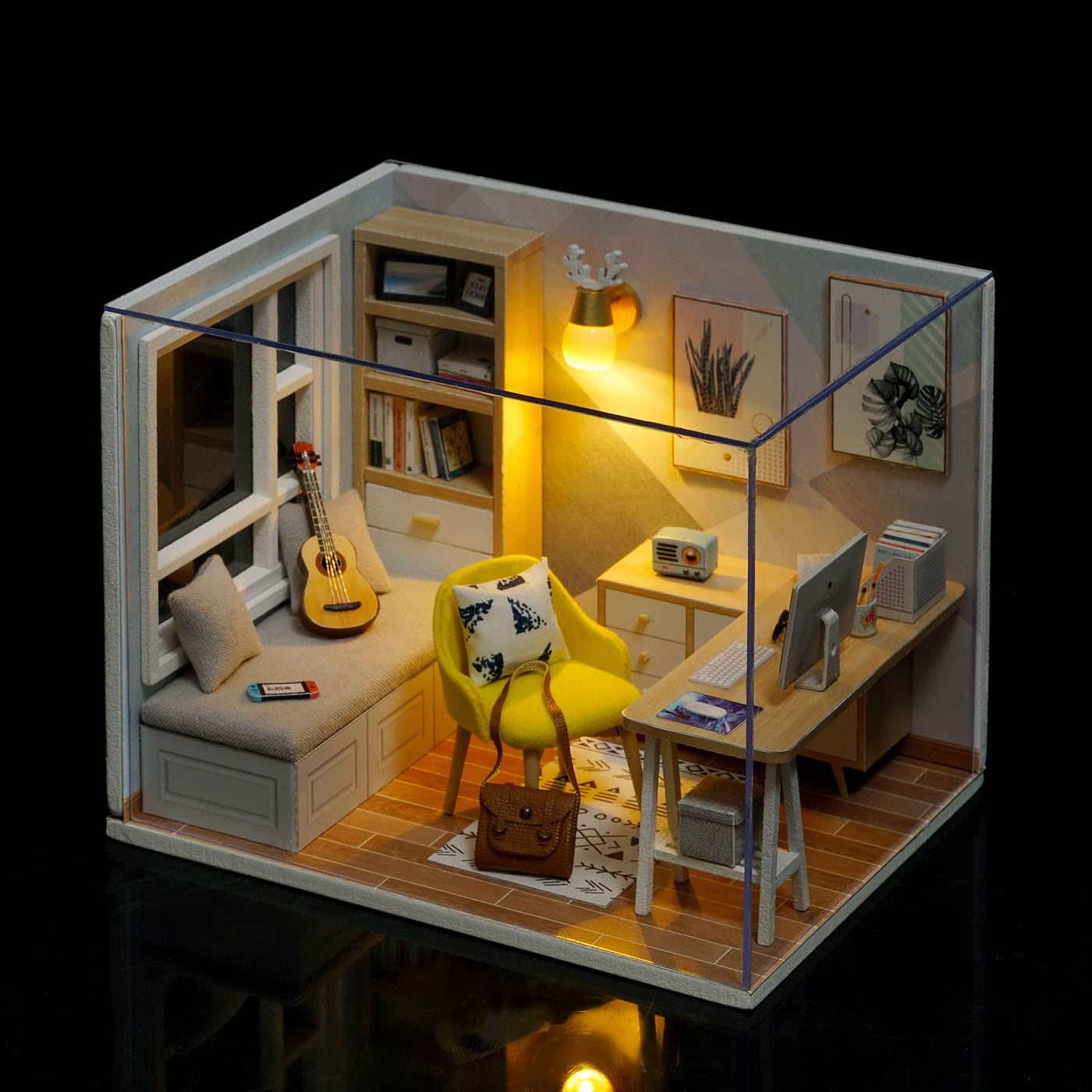 Kit Maison de Poupée Miniature-Modèle Créatif en Bois avec Éclairage LED et Cache-poussière