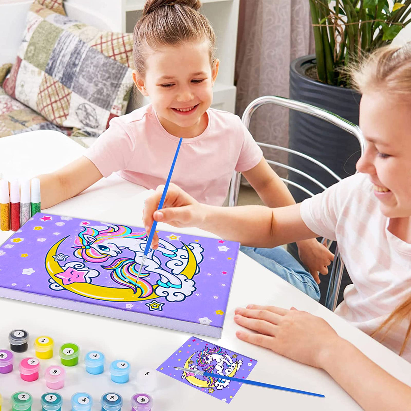 Paint by Numbers Kids Unicorn, Colorful Unicorn World, Girls Paint by Numbers craft set with brushes and acrylic paints