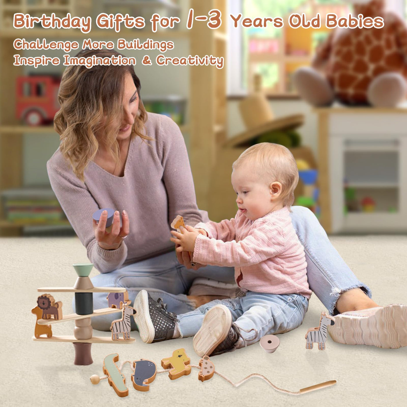 Stringing game, wooden toy for stacking game, motor skills toy for toddlers, building blocks in animal shape
