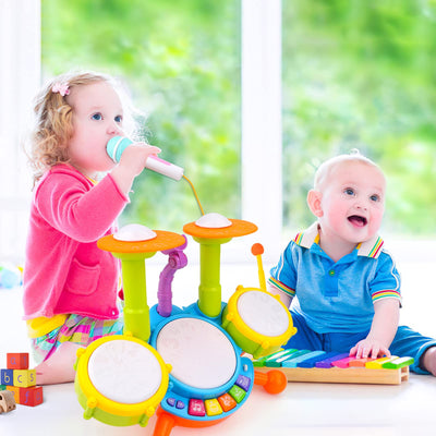 Beginner musical table drums play set with drumsticks, microphone, light functions, interactive music and sounds