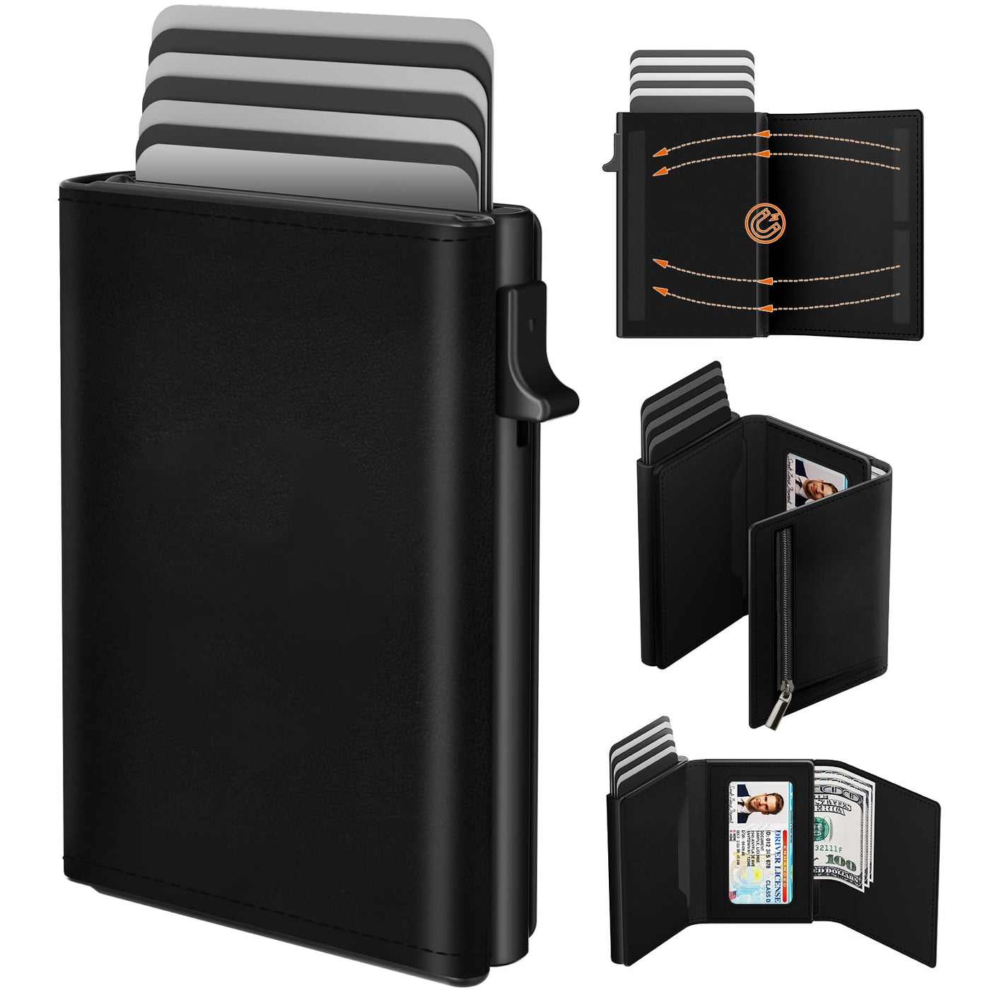 Card case, slim wallet with magnetic closure and coin pocket, pop-up smart wallet made of carbon fiber and credit card case for 9 to 14 cards