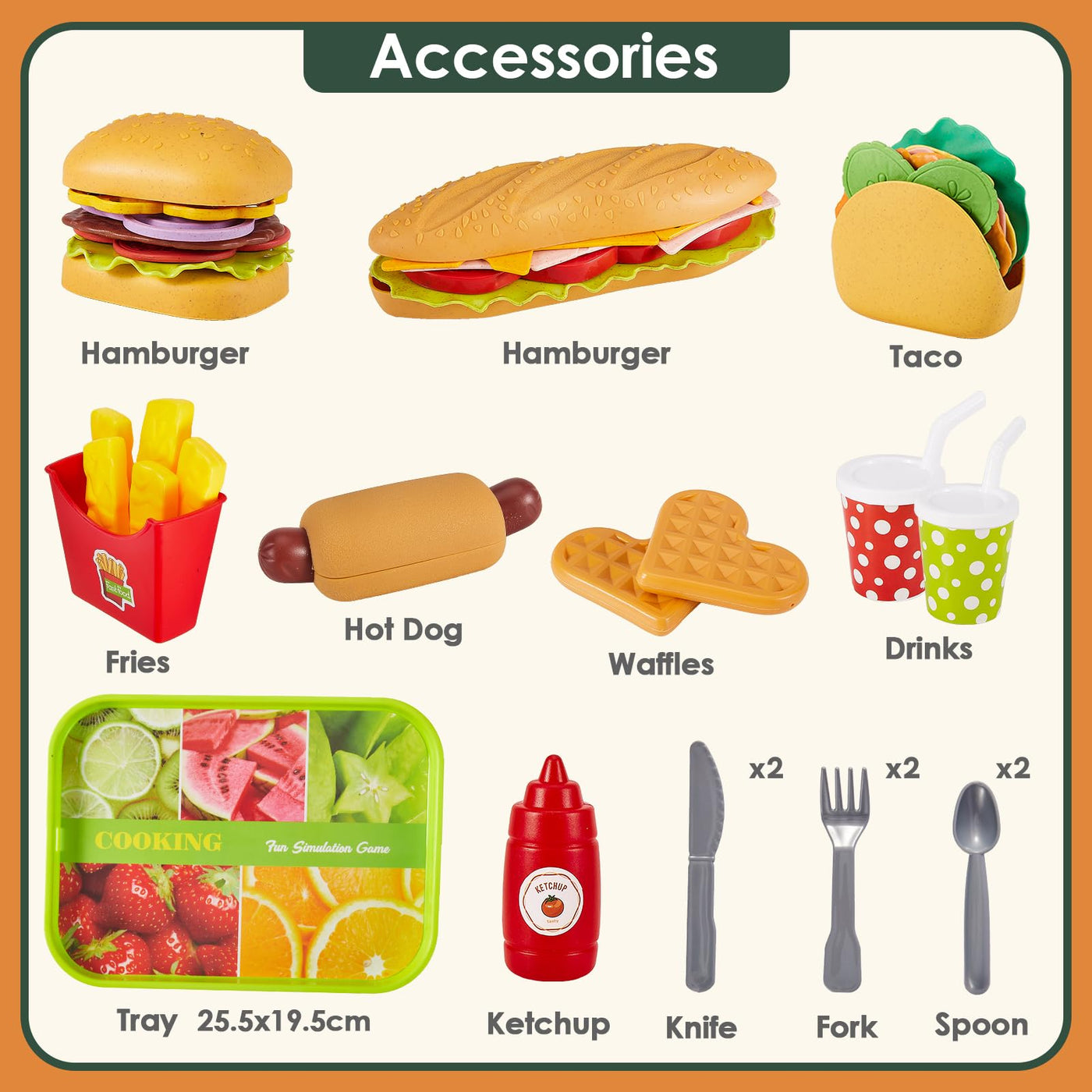 Jouet de cuisine Jouet Alimentaire pour enfants, Accessoires de cuisine pour enfants, Taco Hamburger Fast Food Jouet de gril pour enfants, Nourriture de jeu en plastique pour Cuisine de boue, Jeu de rôle