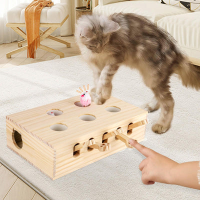 Jouet Interactif pour Chat, Jouet en Bois, Souris Taupe, Boîte de Puzzle avec Jouets pour Chats, Chasse, Jeu, Exercice, Grattage, 5 trous, Parfait pour l'exercice en intérieur et le plaisir