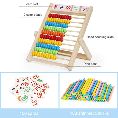 Slide rule arithmetic frame, children's elementary school abacus for counting and calculating, wooden slide rule with 100 beads, 100 counting sticks, number alphabet cards, educational toy for children