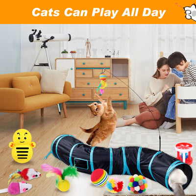 Ensemble de Jouets pour Chat avec Tunnel pour Chat, Ensemble de Jouets pour Chat de 42 Pièces, avec Balles, Jouet en Plumes, Chats Souris Jouets, Herbe à Chat, Poisson, Tunnel pour Chat à 2 Voies