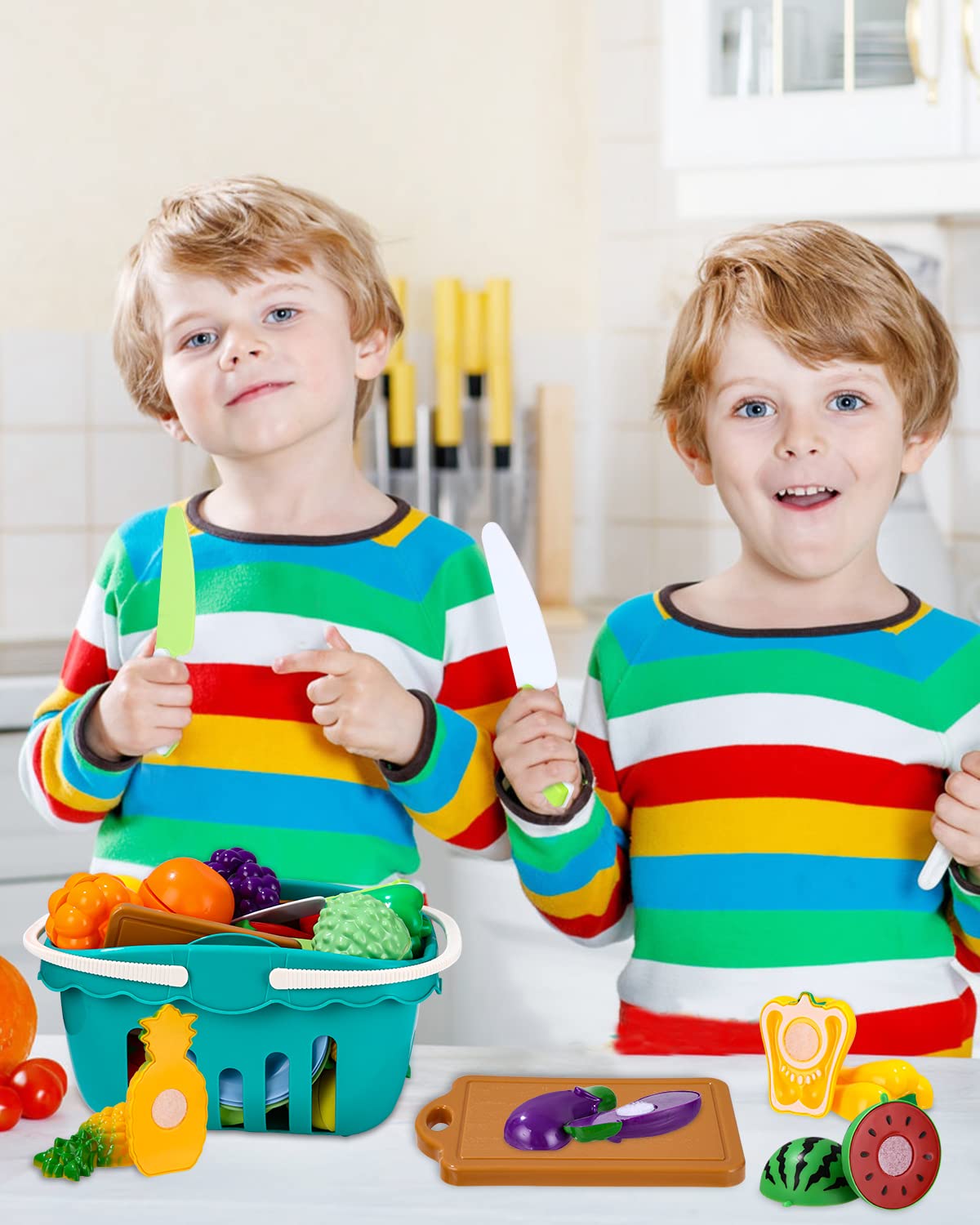 Spielküchenzubehör, Kinderküchenzubehör, Plastikobst zum Schneiden, verschiedene Obst- und Gemüsesorten, Teller, Schneidebretter