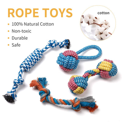 Jouets pour chiots - 7 pièces Jouets durables pour chiots / petits chiens - Jouets à mâcher et jouets à faire grincer - Coton naturel et non toxique