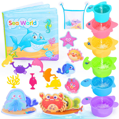 Jouets de bain Livre de bain, autocollants flottants pour l'heure du bain, gobelet empilable non étanche, jouets à ventouse, set de jouets de bain éducatif avec filet de rangement pour jouets de bain