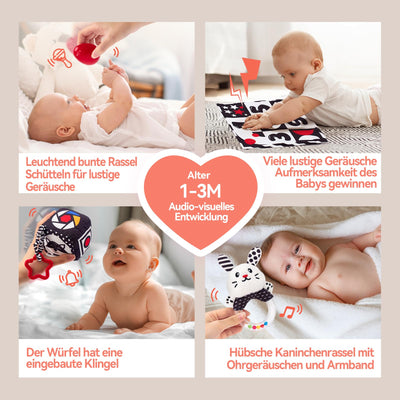 Ensemble de jouets d'apprentissage à contraste pour bébé, livre sensoriel en tissu et jouet suspendu pour chariot de bébé