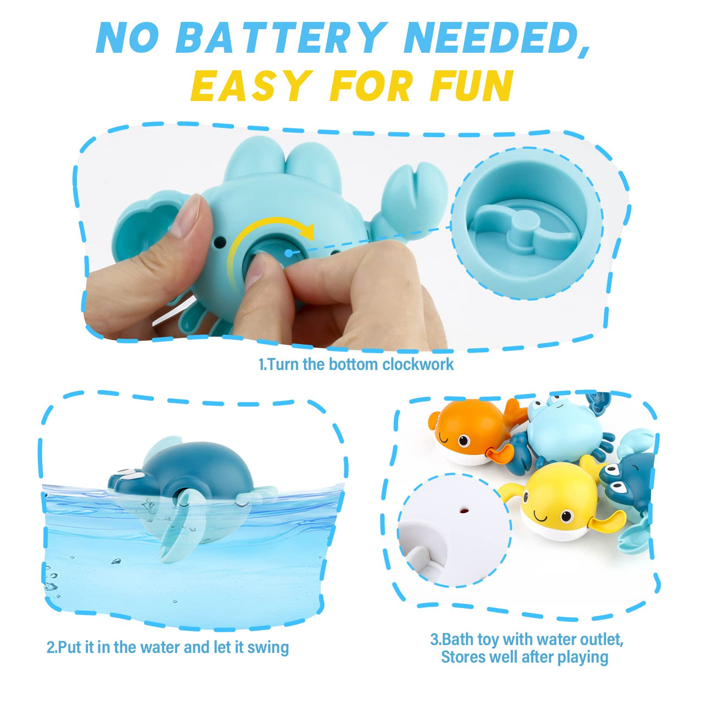 Bath toy, fishing game with 4 pieces of wind-up bath toy, fishing net, floating pool bathtub toy