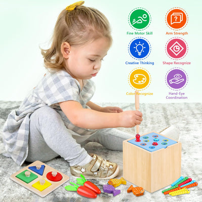 5 in 1 wooden puzzle sorting game educational toy for children Includes carrot harvesting, sorting and stacking toy, fishing game, ball drop, worm toy catching