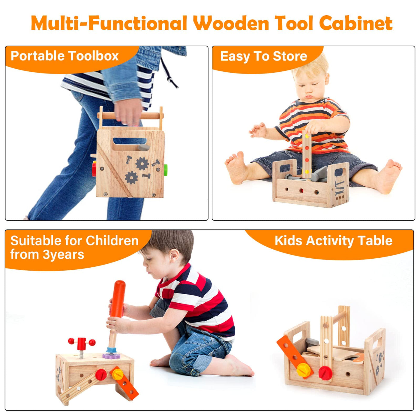 Wooden toy tool box for children, 29 pieces tool children wooden construction kit, DIY tool box