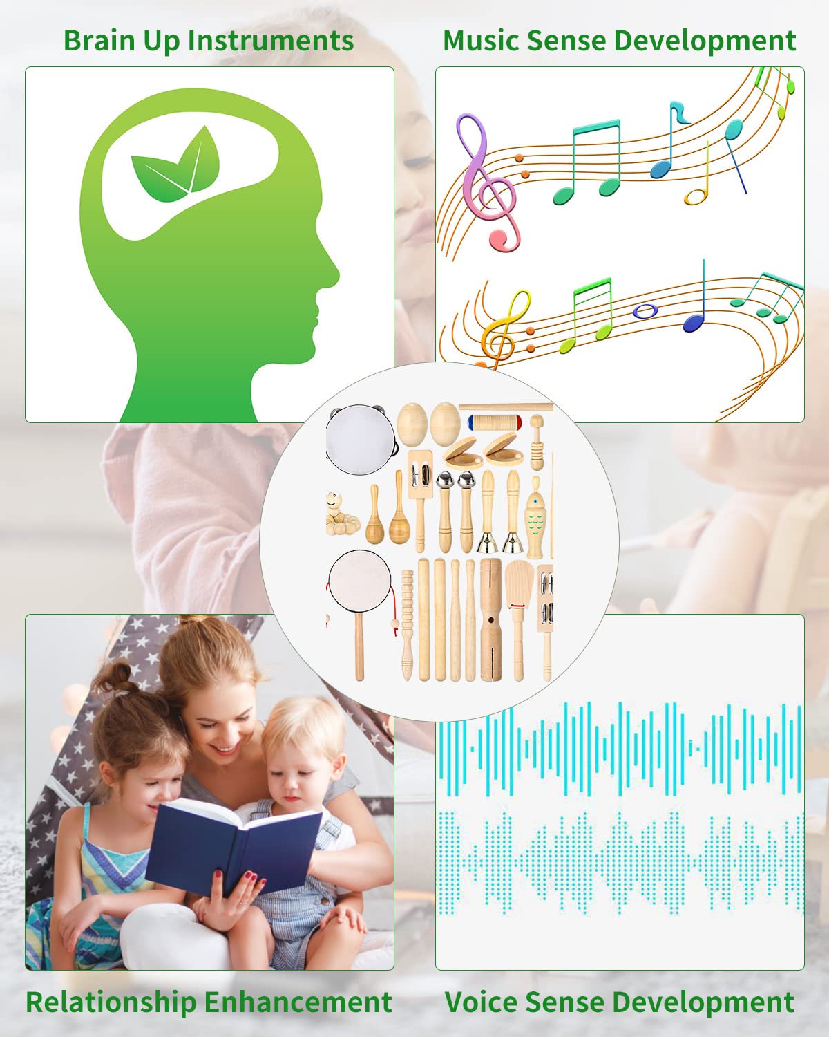 Musikinstrumente für Kinder, 29-teiliges Musikinstrumenten-Set, Kinderspielzeug ab 3 Jahren, Percussion-Spielzeug-Set aus Holz, Trommel-Rassel-Eier