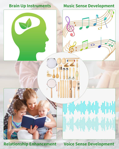Musikinstrumente für Kinder, 29-teiliges Musikinstrumenten-Set, Kinderspielzeug ab 3 Jahren, Percussion-Spielzeug-Set aus Holz, Trommel-Rassel-Eier