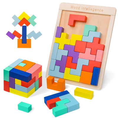 3D puzzle Tetris game kids, wooden puzzle with 30 pieces intelligence colorful building blocks