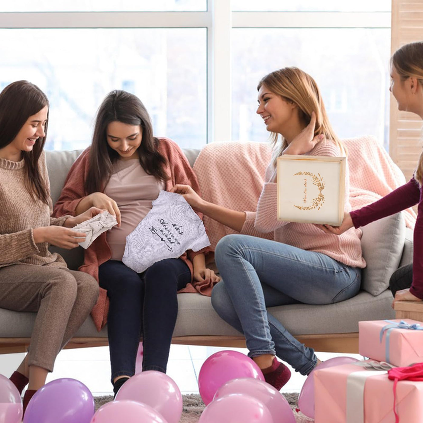 Coffret pour bébé, ensemble 7 en 1 : comprenant une grenouillère, une couverture, une couverture de sécurité, un bonnet pour bébé, des gants pour bébé, un noeud