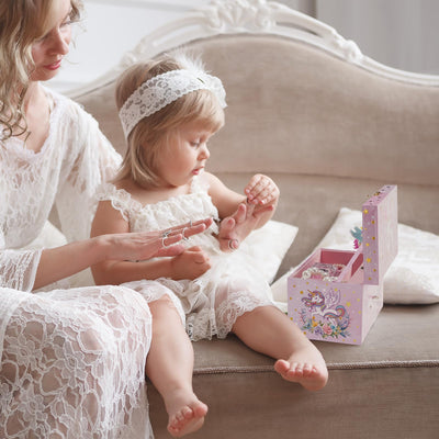 Boîte à musique pour enfants boîte à bijoux avec boîte à musique licorne et fleurs préservées, boîte à bijoux avec mélodie