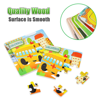 Wooden animal puzzles with 9 pieces and organizer bag for each puzzle for children