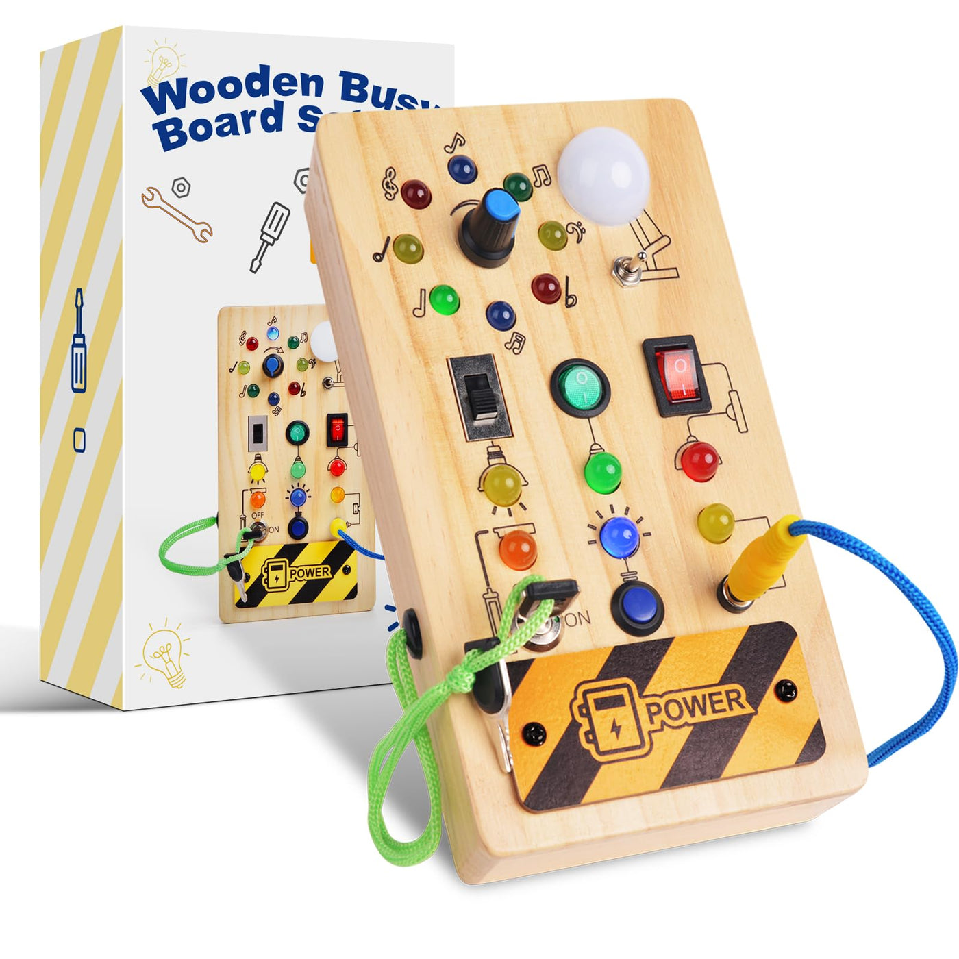 Busy Board , wooden toy baby activity board with 8 switches 15 LED lights, sensory motor skills learning toy