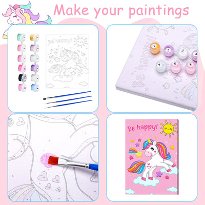 Paint by Numbers Kids Unicorn, Colorful Unicorn World, Girls Paint by Numbers craft set with brushes and acrylic paints