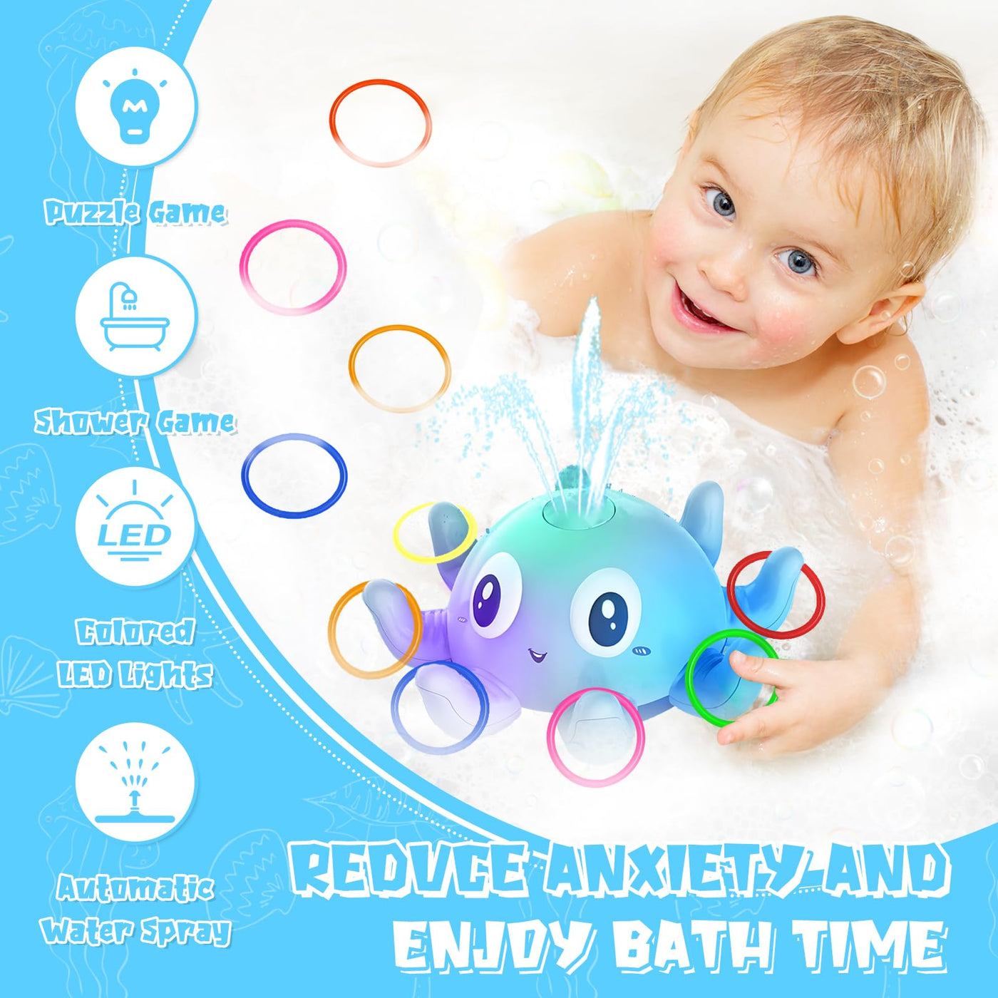 Jouet de bain Jouet d'eau pour enfants Jouet de bain étanche double avec lumière LED Octopus Whale Induction Automatic Water Jet Luminous for Toddler