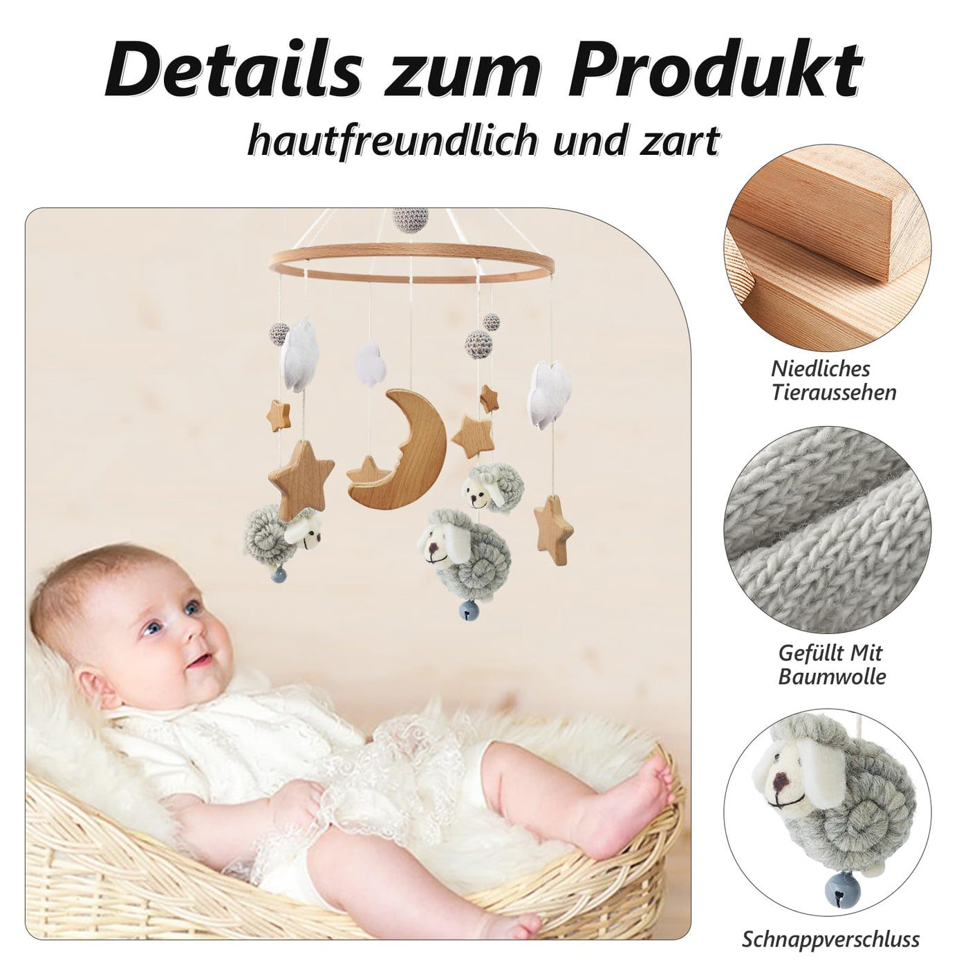 Mobile Babybettchen Glocke Windspiel Baby mit Wolken Sterne