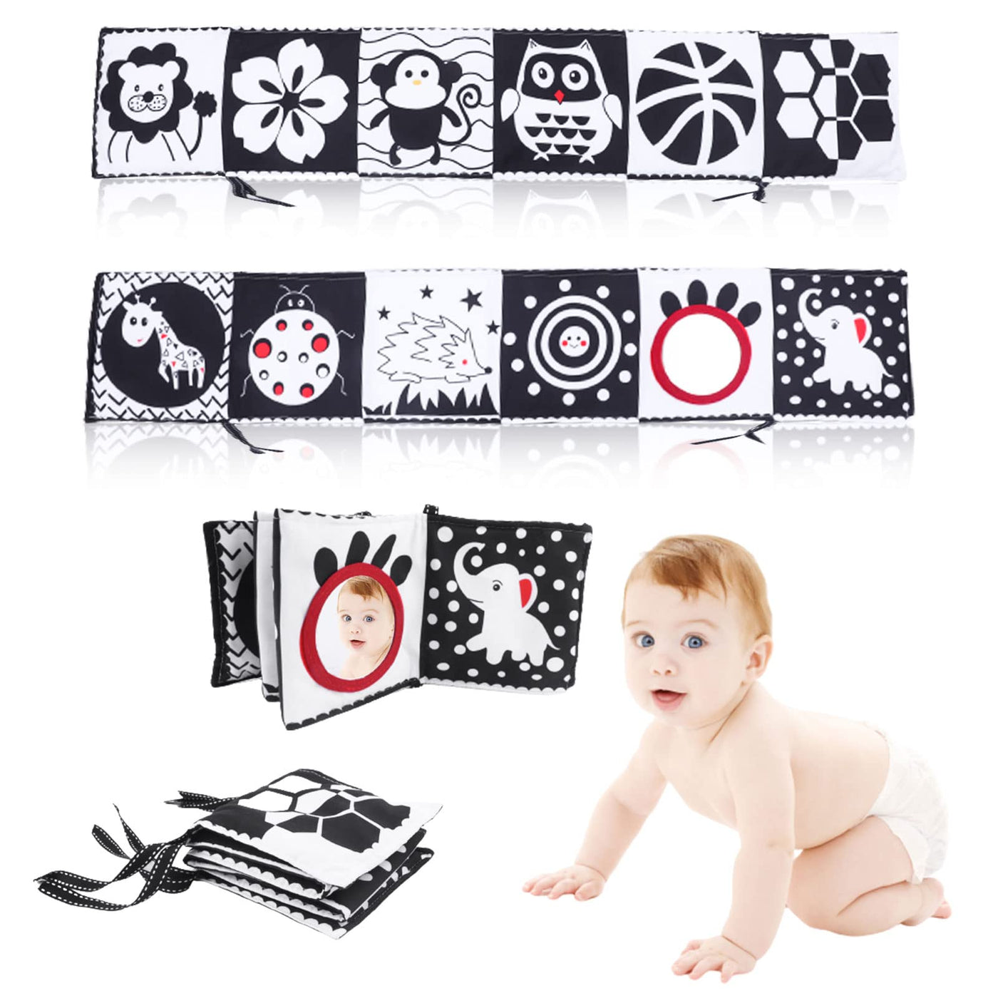 Contrast book baby,Double-sided baby fabric book, Soft picture book made of fabric, Sounding perceptual learning toy with mirror