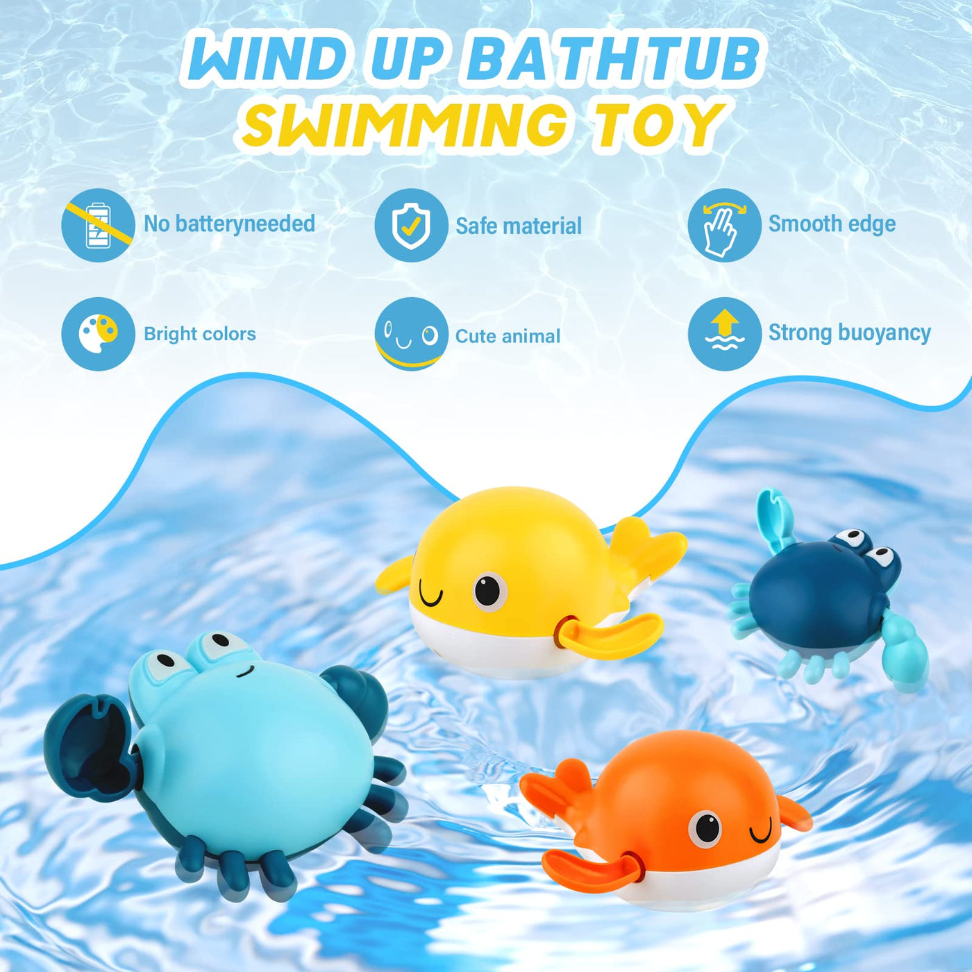 Bath toy, fishing game with 4 pieces of wind-up bath toy, fishing net, floating pool bathtub toy