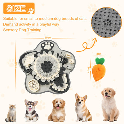 Tapis de reniflage pour chiens et chats - Tapis d'entraînement lavable en forme de fleur pour animaux de petite et moyenne taille avec jouet en forme de carotte