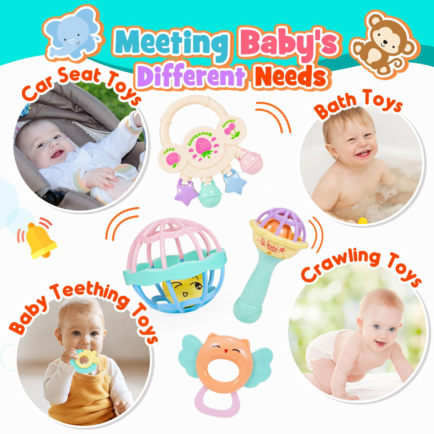 Jouets pour Bébés 14 Pièces Hochets Ensemble de Dentition Jouets pour Bébés