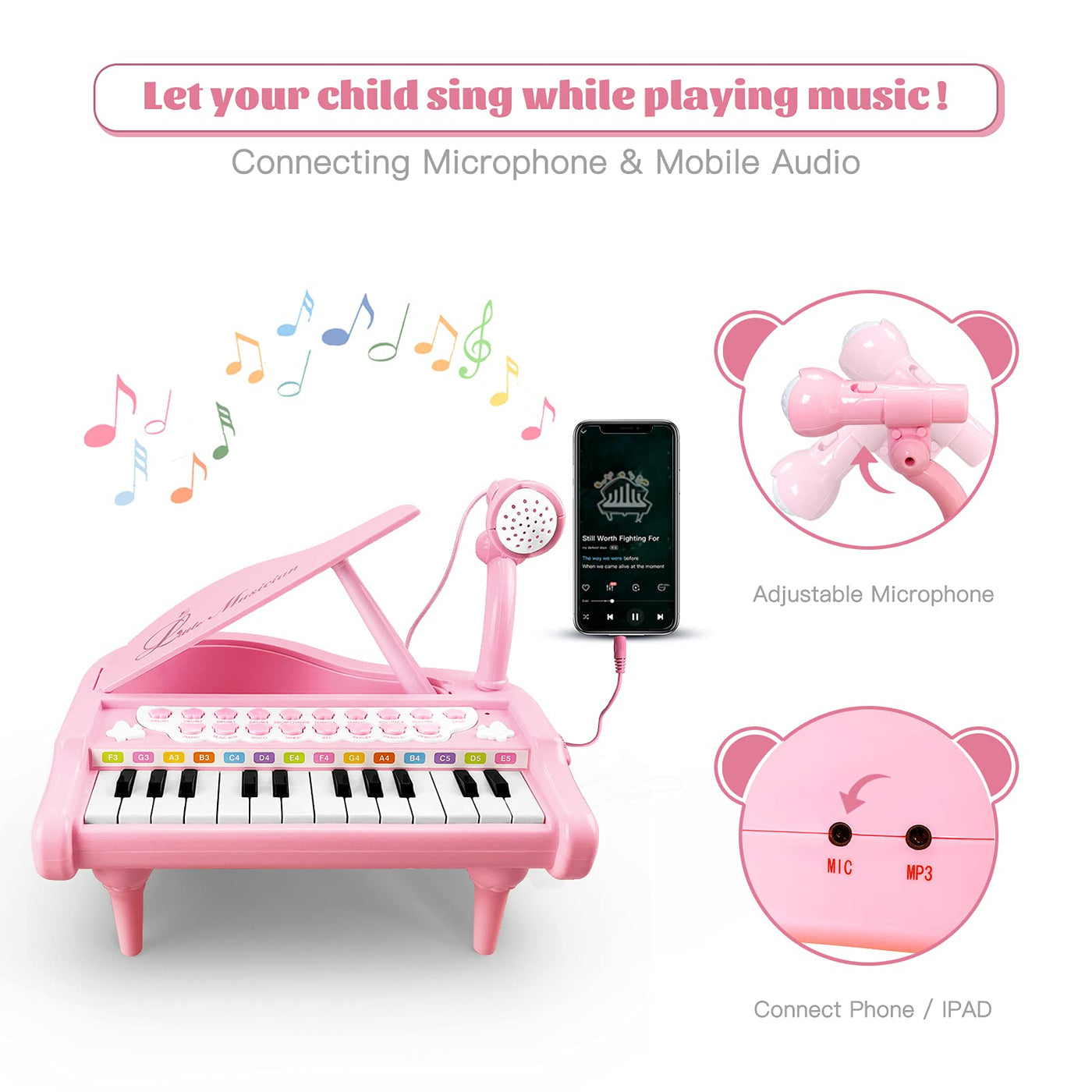 Piano toy toddler piano music toy instruments with 24 keys and microphone