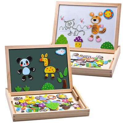 Magnetic wooden puzzles, double-sided magnetic drawing board with 3 color markers for children