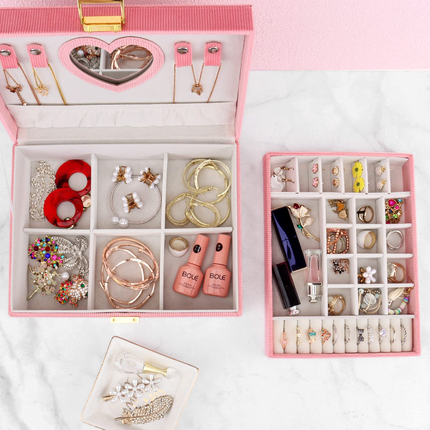 Boîte à bijoux, grande boîte à bijoux avec miroir pour boîte à bijoux en velours