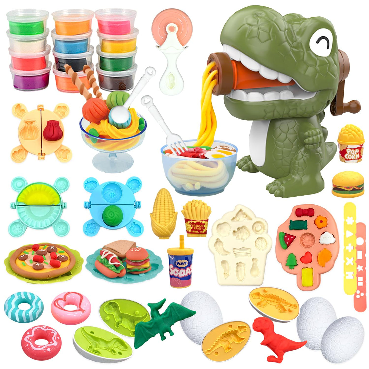 Accessoires de Pâte à Modeler 42 Pièces avec 12 Boîtes de Pâte à Modeler, Machine à Pâtes Dino, Pâte pour enfants, Ensemble d'Argile de Dinosaure, Outil de Pétrissage de Jouets de Dinosaure pour Enfants, Pétrissage à partir de 3 Ans