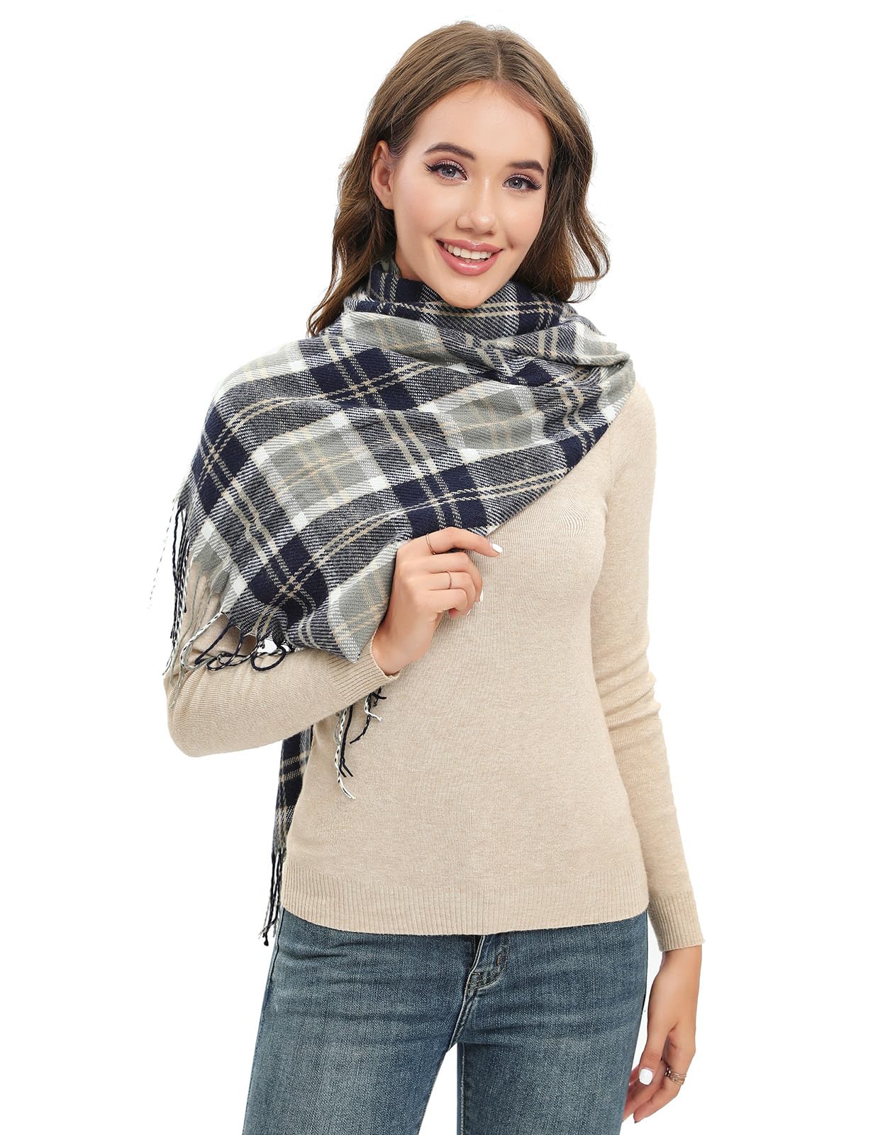 Plaid triangle scarf winter, pashmina scarf soft tassel wrap scarf