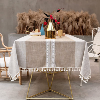 Stain-resistant rectangular tablecloth made of cotton linen with tassel edge wipeable made of powder for the dining table