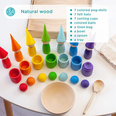 Large rainbow peg dolls and balls in cups Waldorf dolls sensory wooden games for learning colors