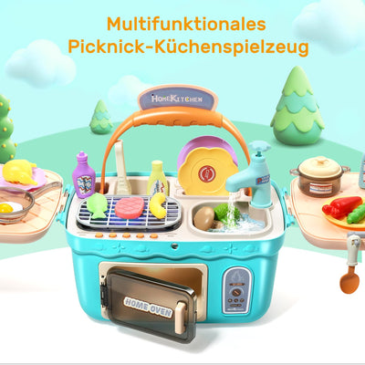 Kinderküchenspielzeug Picknick-Set, tragbares Picknickkorb-Spielzeug mit Musik und Lichtern, farbwechselndes Spielfutter, Küchenspüle, Küchenspiel