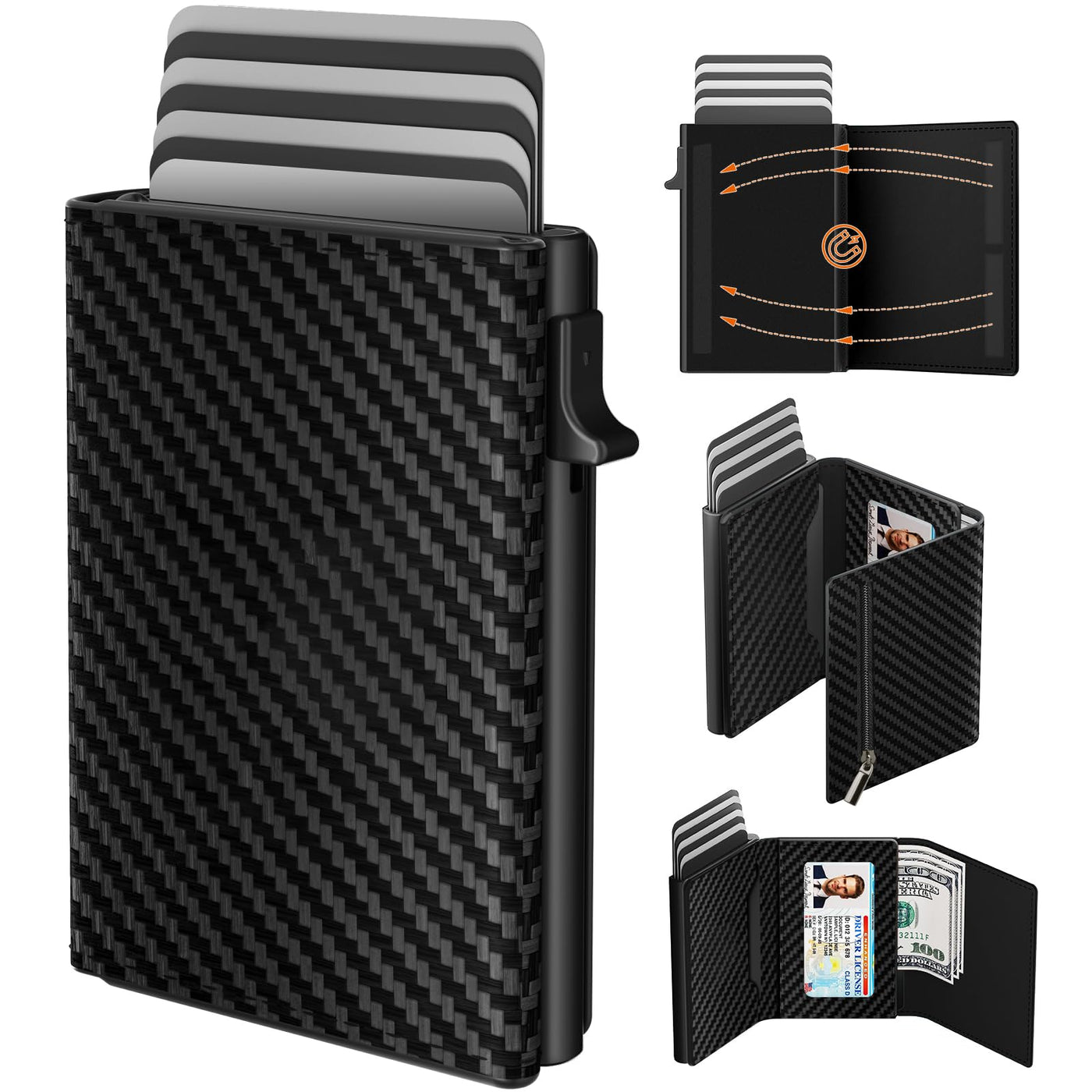 Card case, slim wallet with magnetic closure and coin pocket, pop-up smart wallet made of carbon fiber and credit card case for 9 to 14 cards