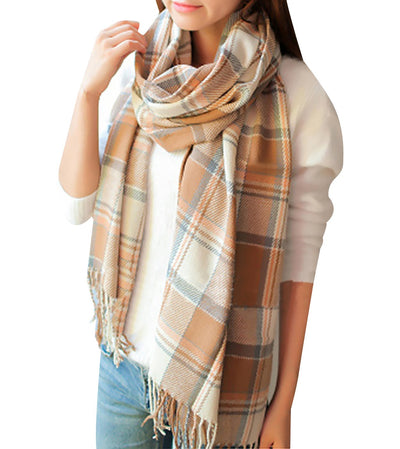 Winter scarf plaid oversized square blanket scarf, fringed poncho