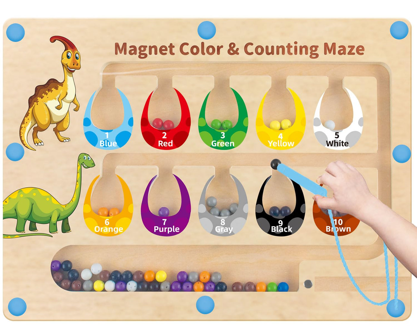 Jouet en bois labyrinthe magnétique - dinosaure, jouet de motricité avec les chiffres et les couleurs