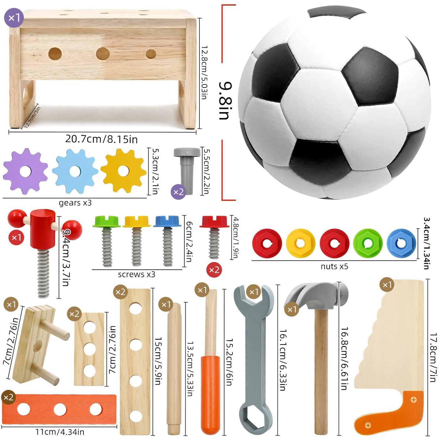 Wooden toy toolbox, 29 piece tool toy games toddler toolbox, educational role play learning resources construction handle