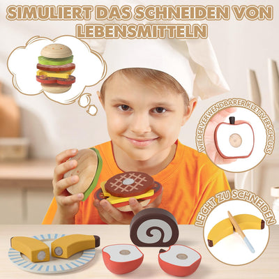 Accessoires de cuisine pour enfants en bois, accessoires de cuisine avec dessert aux fruits, jouet, jouet de pique-nique avec connexion Velcro, jouet en bois