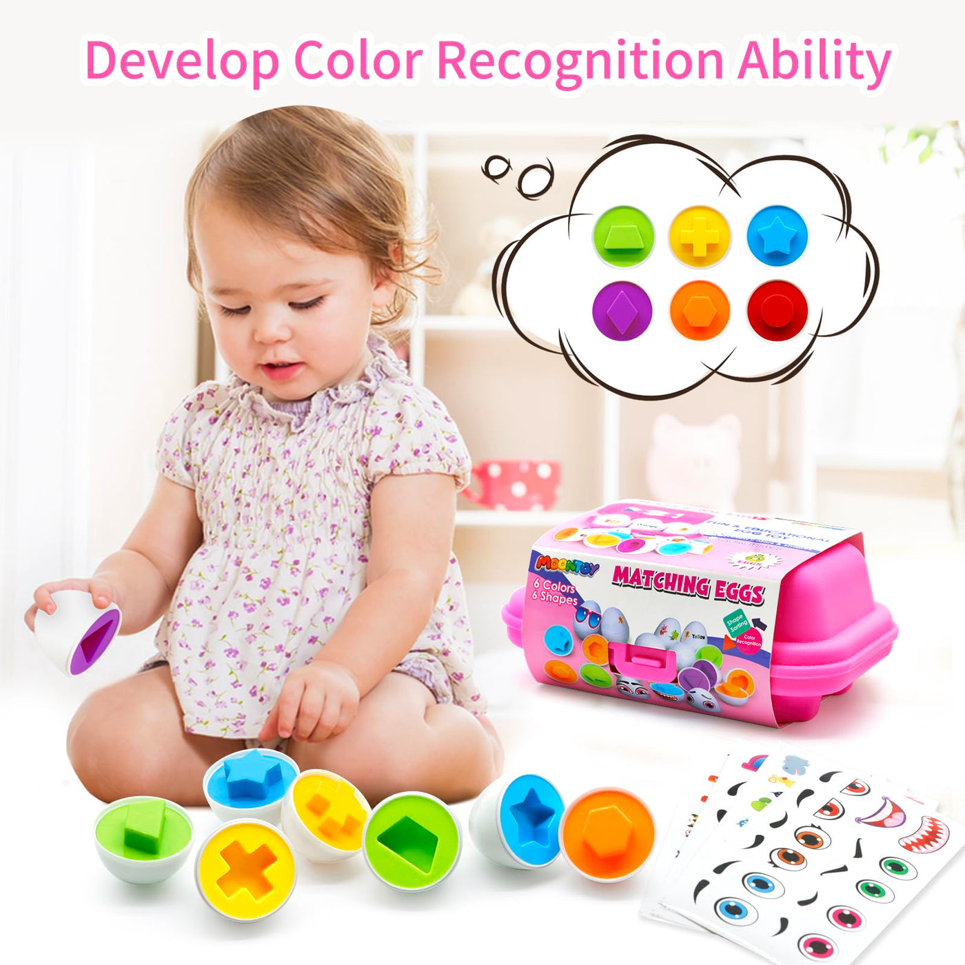 Matching Eggs for Toddlers,Egg Toys 6 Pcs Color & Shape Sorting Recognition Eggs, Early Learning Fine Motor Skill