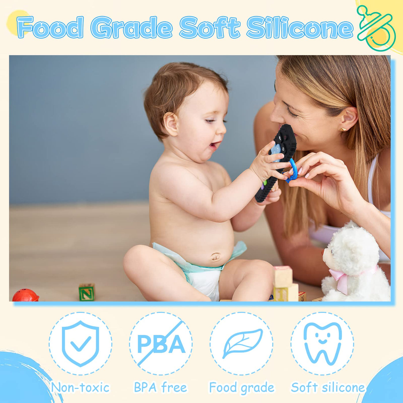 Dentition pour bébé avec télécommande, aide à la dentition en silicone sans BPA avec chaîne de tétine en silicone pour bébé