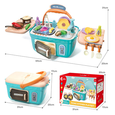 Kinderküchenspielzeug Picknick-Set, tragbares Picknickkorb-Spielzeug mit Musik und Lichtern, farbwechselndes Spielfutter, Küchenspüle, Küchenspiel